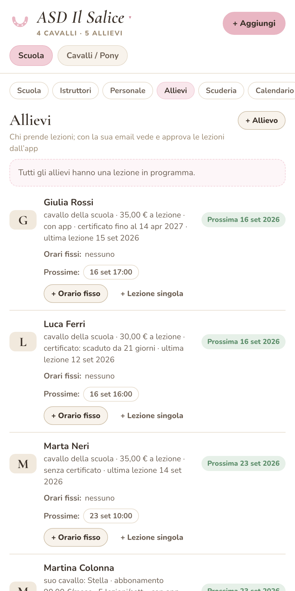 Allievi con orari fissi