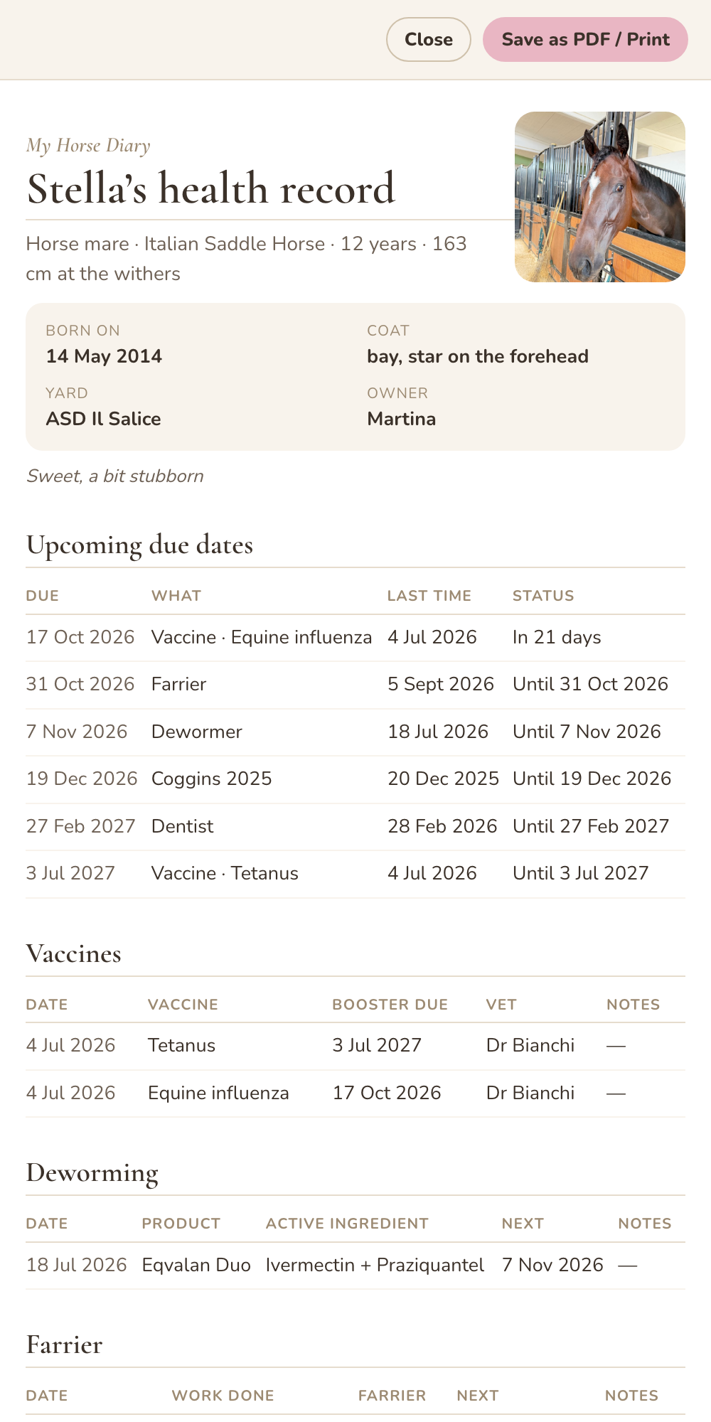 Horse health record in PDF