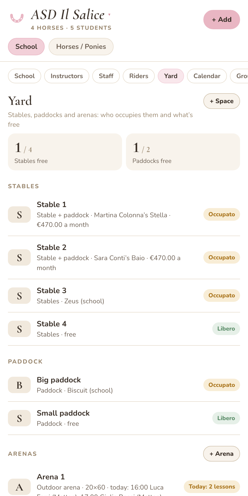 Yard: stables, paddocks and arenas